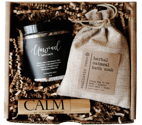 Relaxing Bath Gift Set, Luxury Spa Gifts for Women, Self Care Products for Women and Men, Calm Essential Oil Roller, Oatmeal Lavender Bath Soak & Epsom Salts with Essential Oils